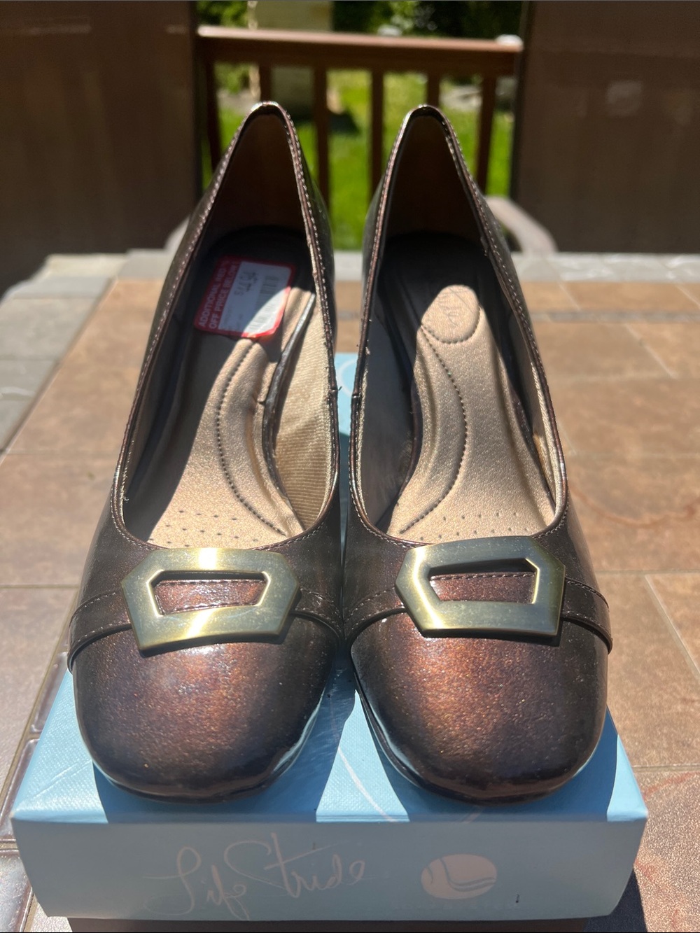 NWT, boxed, Women's Metallic Brown Slip-On Dress Pumps with Decorative Buckle 8M